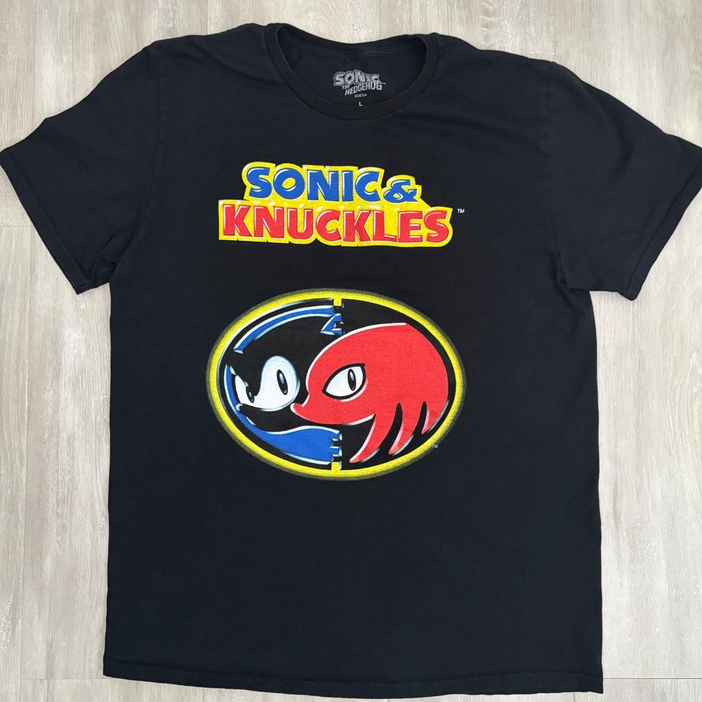 Sega Sonic & Knuckles Graphic T-Shirt Mens Large Black Retro Video Game Tee